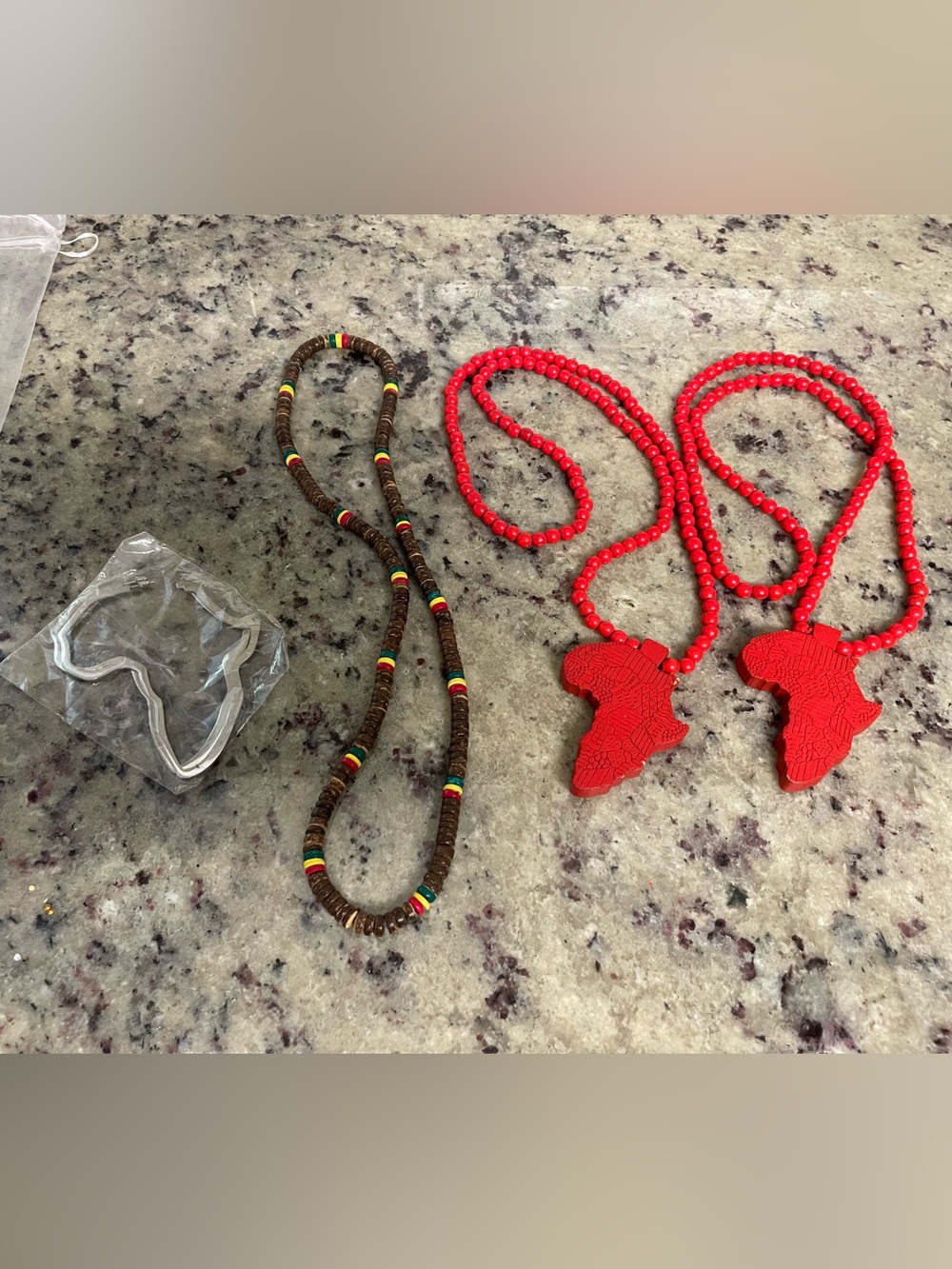 Red Africa Pendant Beaded Necklace Duo + Brown Rasta Bead Necklace Earrings set